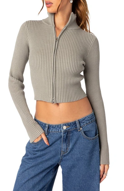Edikted Crop Front Zip Rib Cardigan In Sage