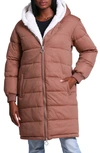 Avec Les Filles Hooded Puffer Coat With Faux Shearling Lining In Truffle