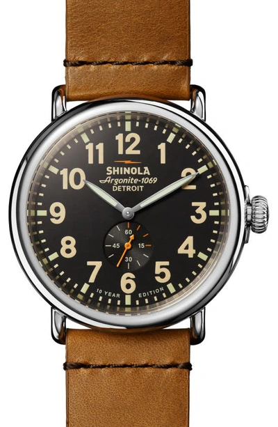 Shinola Men's Runwell 10-year Leather Strap Watch, 47mm In Black/ Bourbon Leather