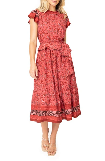 Gibsonlook Harvest Moon Floral Paisley Side Bow Midi Dress In Burgundy Spice Border Print