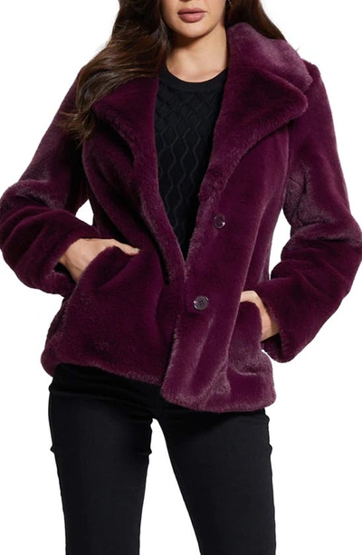 Guess Corinne Faux Fur Coat In Black Cherry