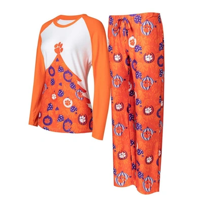 Concepts Sport Women's  Orange Clemson Tigers Tinsel Ugly Sweater Long Sleeve T-shirt And Pants Sleep