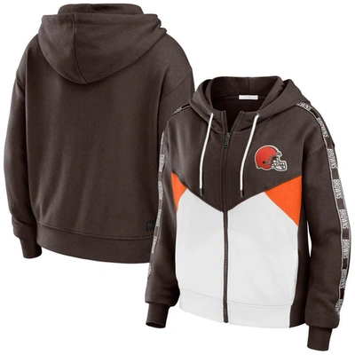 Wear By Erin Andrews Brown/white Cleveland Browns Color Block Light Weight Modest Crop Full-zip Hood In Brown,white