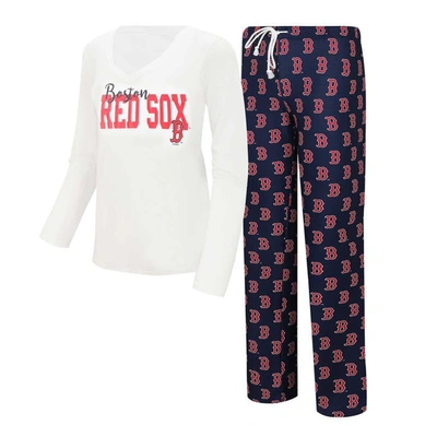 Concepts Sport Women's  White, Navy Boston Red Sox Long Sleeve V-neck T-shirt And Gauge Pants Sleep S In White,navy
