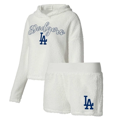 Concepts Sport Women's  Cream Los Angeles Dodgers Fluffy Hoodie Top And Shorts Sleep Set