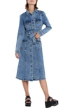 Wash Lab Denim Tie Waist Long Sleeve Cargo Denim Midi Shirtdress In Peace Blue