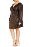 City Chic Sequin Long Sleeve Faux Wrap Cocktail Dress In Bronze