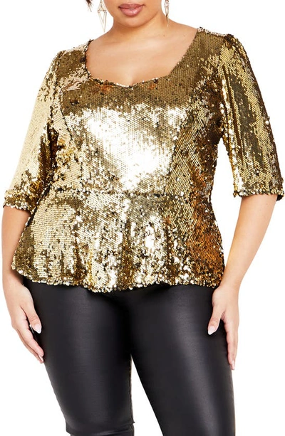 City Chic Sequin Peplum Top In Bronze