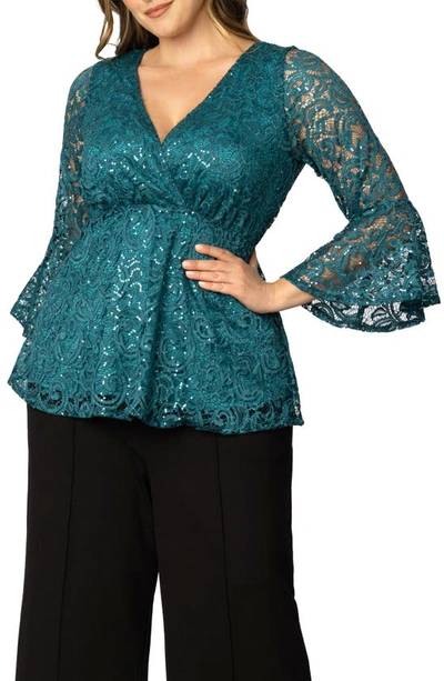 Kiyonna Sequin Lace Top In Teal