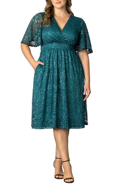 Kiyonna Women's Plus Size Starry Sequined Lace Cocktail Dress In Teal Topaz