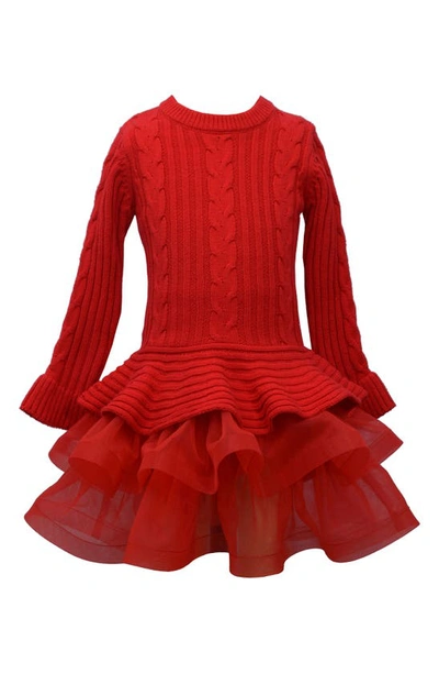 Iris & Ivy Kids' Mixed Media Tiered Long Sleeve Sweater Dress In Red
