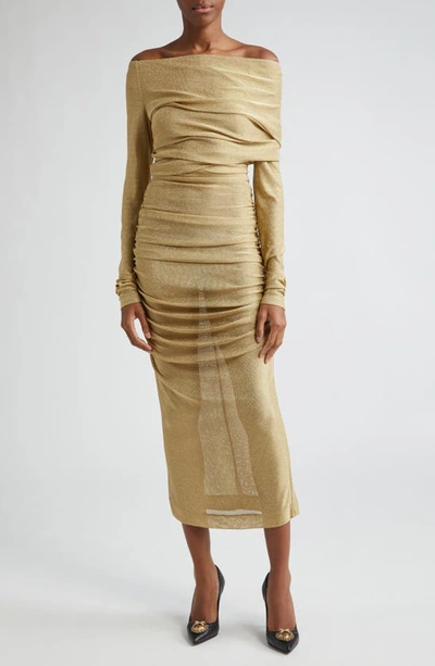 Dolce & Gabbana Metallic Ruched Single Long Sleeve Midi Dress In Gold