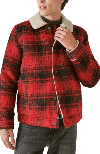 Lucky Brand Plaid Faux Shearling Lined Trucker Jacket In Red