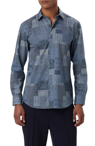 Bugatchi Axel Shaped Fit Patchwork Print Button-up Shirt In Dusty-blue