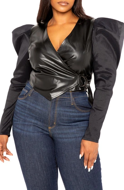 Buxom Couture Exaggerated Shoulder Faux Leather Wrap Top In Black