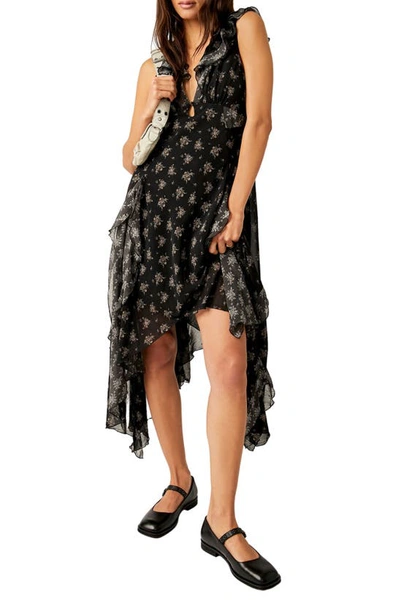 Free People Joaquin Floral Ruffle Plunge Dress In Black Combo