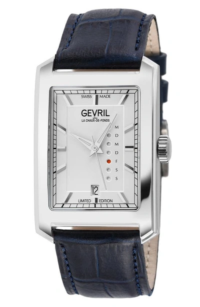 Gevril Manhattanhenge Automatic Rectangle Croc Embossed Leather Strap Watch, 39mm In Blue