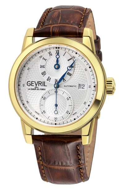 Gevril Gramercy Croc Embossed Leather Strap Watch, 39mm In Brown
