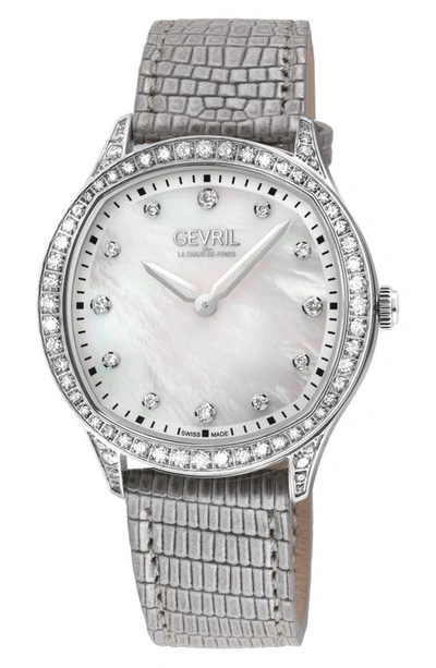 Gevril Morcote Swiss Diamond Leather Strap Watch, 36mm In Silver