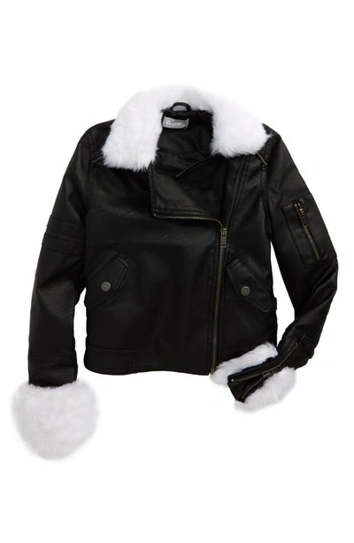 Tractr Kids' Faux Leather Bomber Jacket With Faux Fur Trim In Black