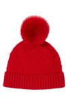 Stewart Of Scotland Cashmere Basketweave Rib Knit Beanie With Genuine Shearling Pom In Red
