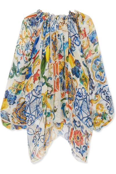 Dolce & Gabbana Majolica-print Silk-chiffon Blouse In Blue