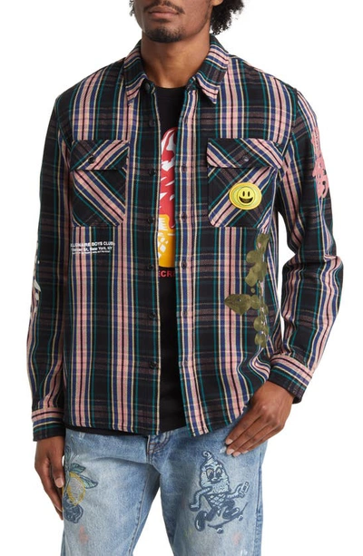 Billionaire Boys Club Mantra Plaid Embroidered Button-up Overshirt In Black