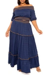 Buxom Couture Smocked Off The Shoulder Puff Sleeve Top & Maxi Skirt Set In Blue