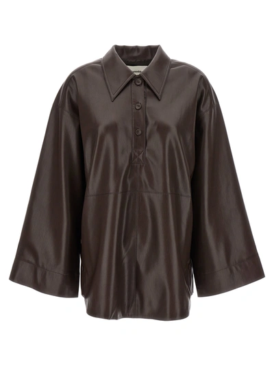 Nanushka Clarice Faux Leather Polo Shirt In Brown