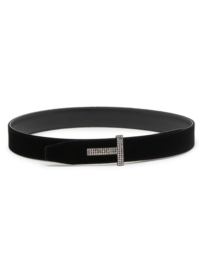 Tom Ford Crystal-embellished Reversible Leather Belt In Black