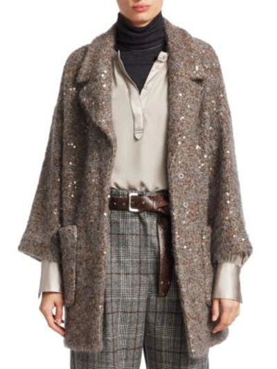 Brunello Cucinelli Tweed Paillette Knitted Jacket W/ Silk Lining In Iron