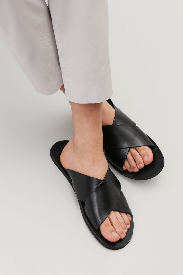 black crossover sandals