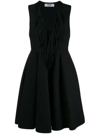 Msgm Fringed Double Crepe Cady Mini Dress In Black