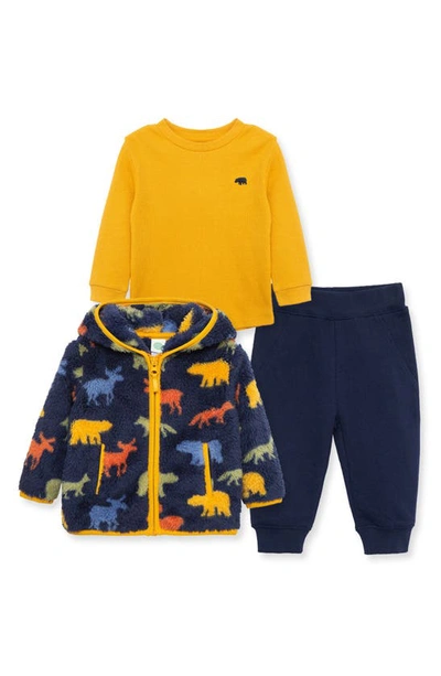 Little Me Babies' Woodland Fleece Hooded Zip Jacket, Thermal T-shirt & Joggers Set In Blue