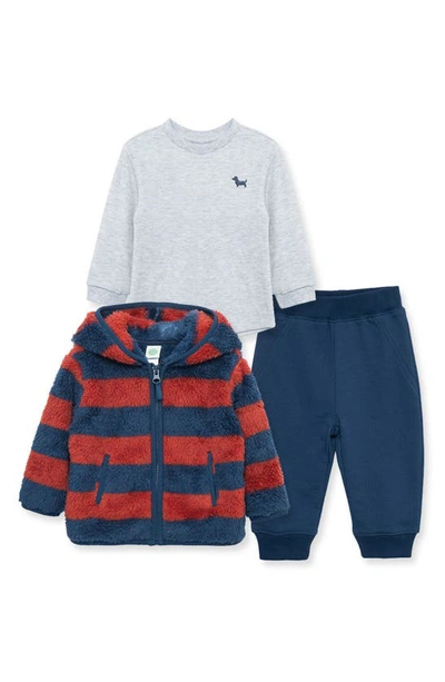 Little Me Babies' Faux Shearling Hoodie, Cotton Blend T-shirt & Sweatpants Set In Navy/ Red