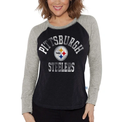 G-iii 4her By Carl Banks Black/heather Gray Pittsburgh Steelers Waffle Knit Raglan Long Sleeve T-shi In Black,heather Gray