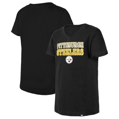 New Era Kids' Girls Youth  Black Pittsburgh Steelers Reverse Sequin V-neck T-shirt