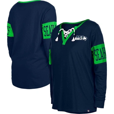 New Era College Navy Seattle Seahawks Lace-up Notch Neck Long Sleeve T-shirt
