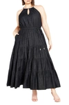 City Chic Hamptons Tie Waist Tiered Maxi Dress In Black