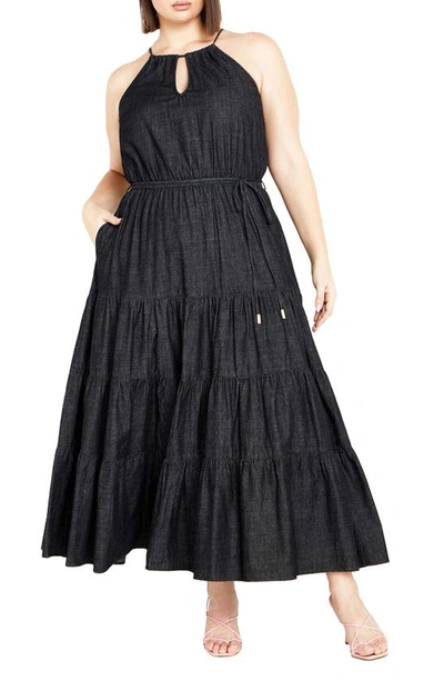 City Chic Hamptons Tie Waist Tiered Maxi Dress In Black
