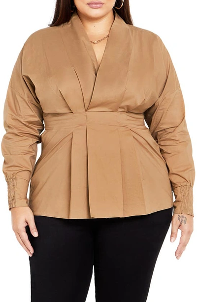 City Chic Sophisticated Pleated Peplum Shirt In Caramel