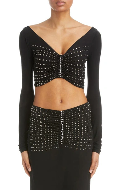 Rabanne Stud Detail Long Sleeve Crop Top In Black