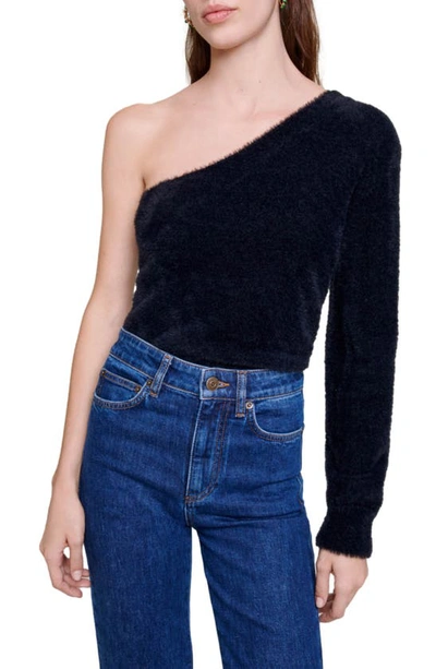Maje Moskito One-shoulder Faux Fur Top In Noir