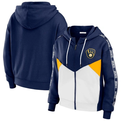 Wear By Erin Andrews Women's  Navy, White Milwaukee Brewers Color Block Full-zip Hoodie In Navy,white