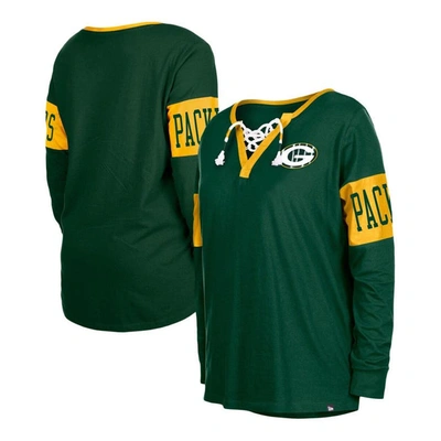 New Era Green Green Bay Packers Lace-up Notch Neck Long Sleeve T-shirt