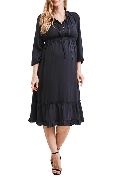 Angel Maternity Stelle Button Front Maternity Midi Dress In Navy