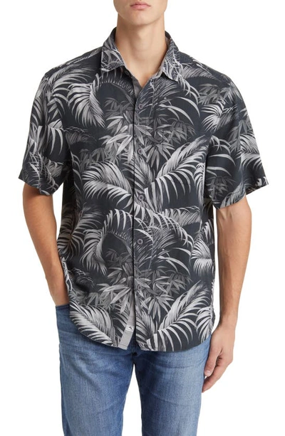 Tommy Bahama Made For Shade Leaf Print Silk Short Sleeve Button-up Shirt In Black