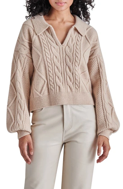Steve Madden Cay Johnny Collar Cable Knit Sweater In Oatmeal