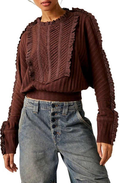 Free People More Romance Embroidered Ruffle Pintuck Knit Top In Mocha