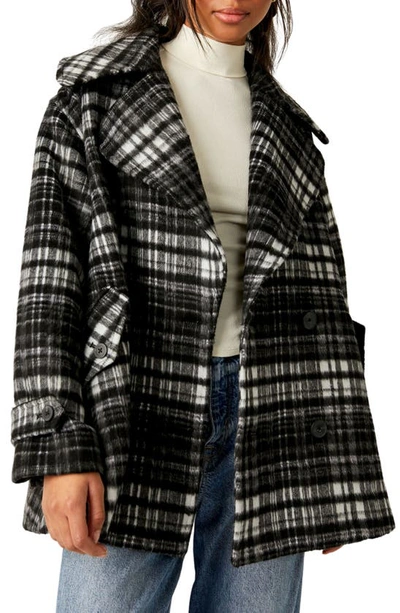 Free People Highands Plaid Double Breasted Peacoat In Grey And White
